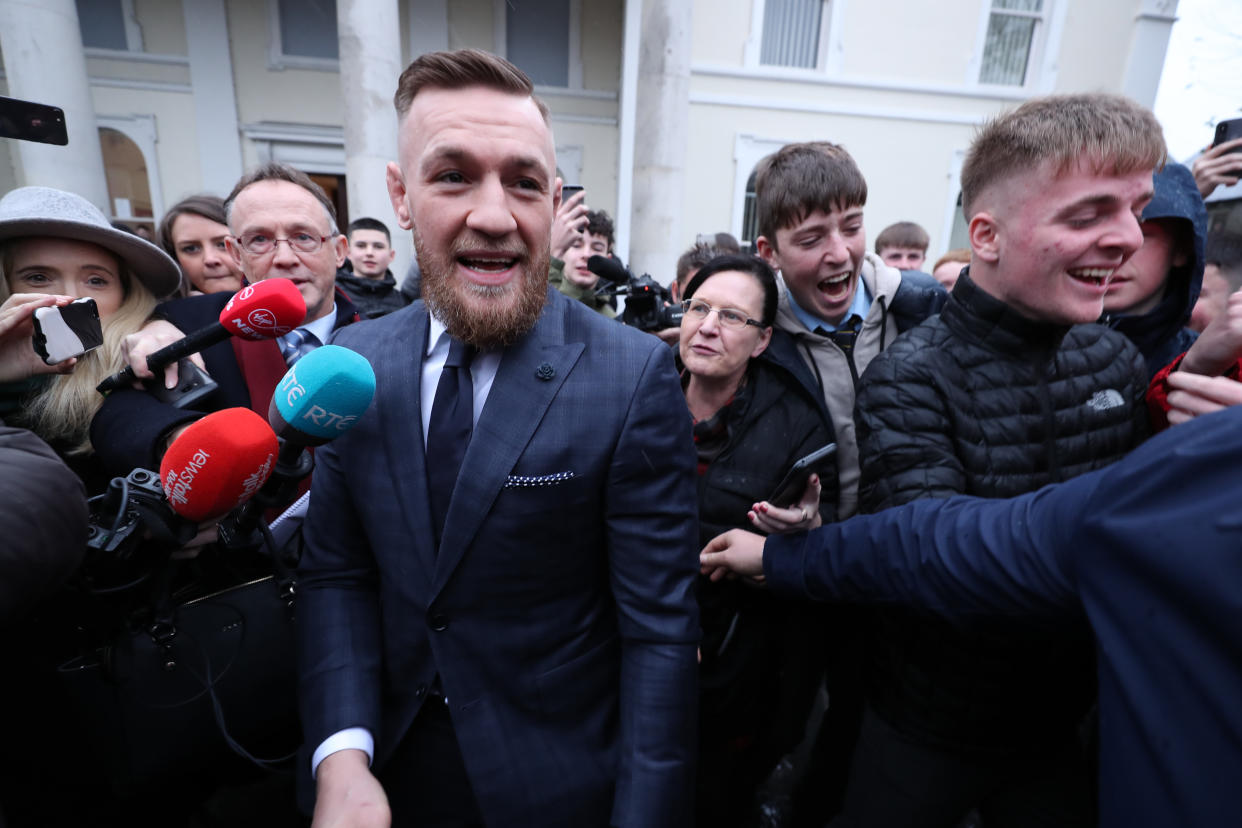 Conor McGregor leaving Naas District Court in Co Kildare, where he was disqualified from driving for six months and fined 1,000 euro after admitting driving at 154 kilometres per hour in a 100 zone. (Photo by Niall Carson/PA Images via Getty Images)