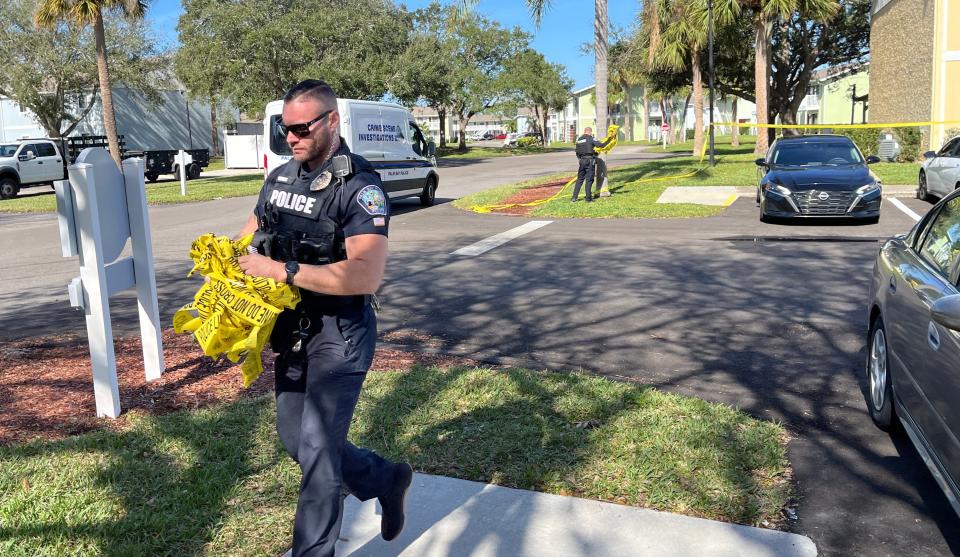 Palm Bay police were on the scene Sunday of a triple murder Saturday night at Woodlake Village Apartments.