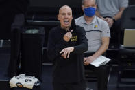 Indiana Pacers coach Nate Bjorkgren yells during the first half of the team's NBA basketball game against the Golden State Warriors in San Francisco, Tuesday, Jan. 12, 2021. (AP Photo/Jeff Chiu)