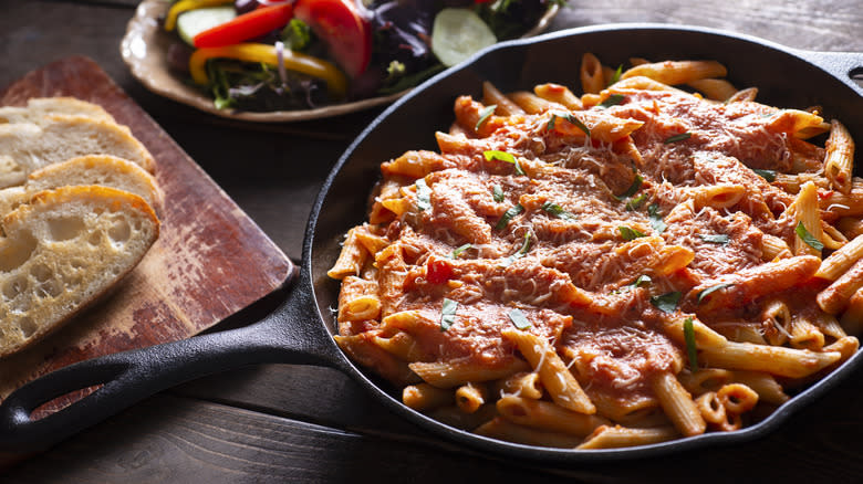 cooking pasta with tomato sauce in cast iron pan