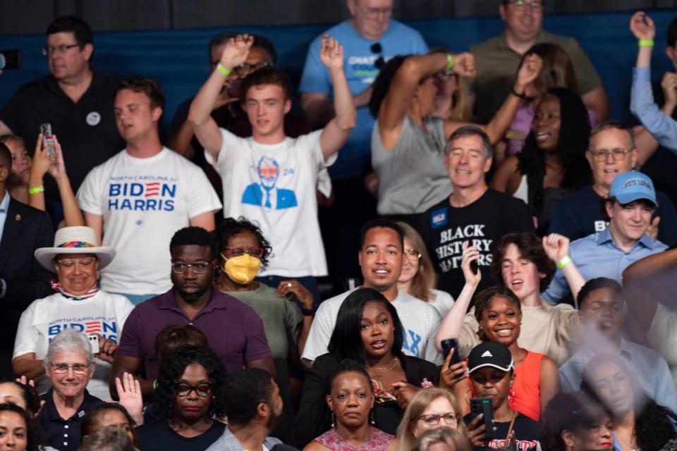 Supporters of President Joe Biden dance to Beyonce at a campaign event at the Jim Graham building at the North Carolina State Fairgrounds in Raleigh on Friday June 28, 2024.