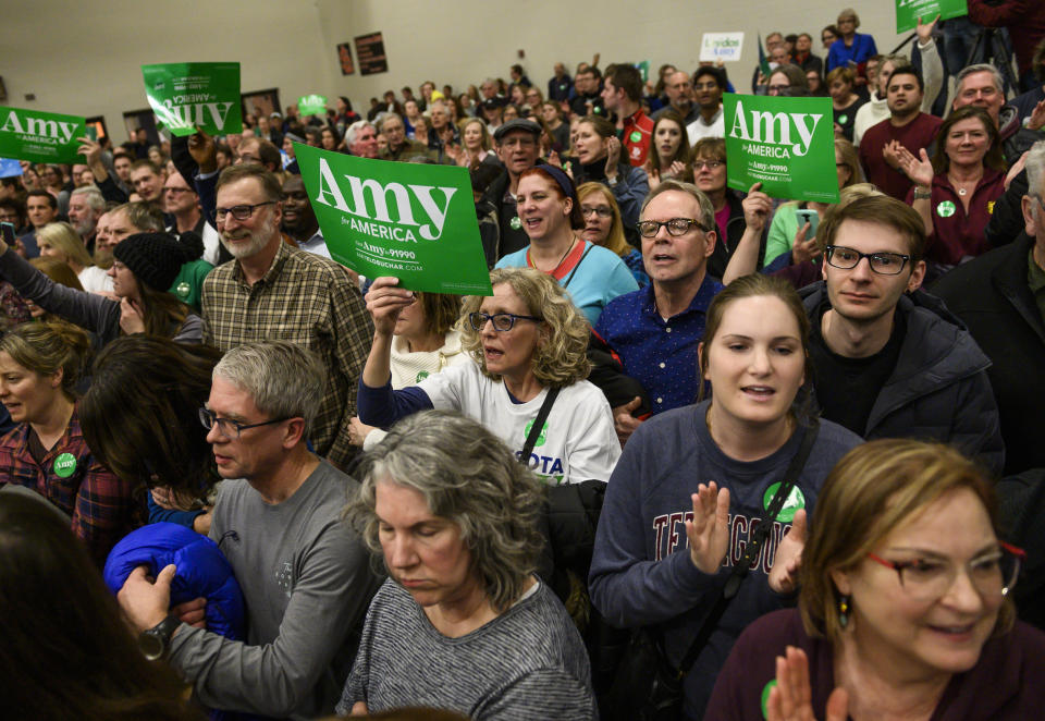 ST LOUIS PARK, MN - MARCH 01: Supporters of Democratic presidential candidate Sen. Amy Klobuchar (D-MN) cheer during a rally disrupted by protestors on March 1, 2020 in St Louis Park, Minnesota. The protesters, critical of Klobuchar's history as a prosecutor in Hennepin County, successfully shut down the event. (Photo by Stephen Maturen/Getty Images)