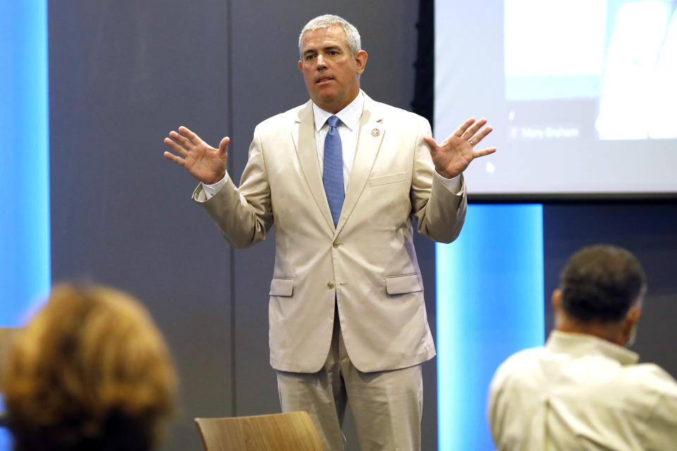 Speaker Philip Gunn, R-Clinton, addresses attendees at the first meeting of the Flag Commission, Wednesday, July 22, 2020 in Jackson, Miss. The group has the duty to design a new Mississippi state flag without the Confederate battle emblem and the banner must include the phrase, "In God We Trust." (AP Photo/Rogelio V. Solis)