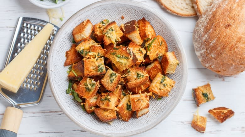 Bowl filled with croutons