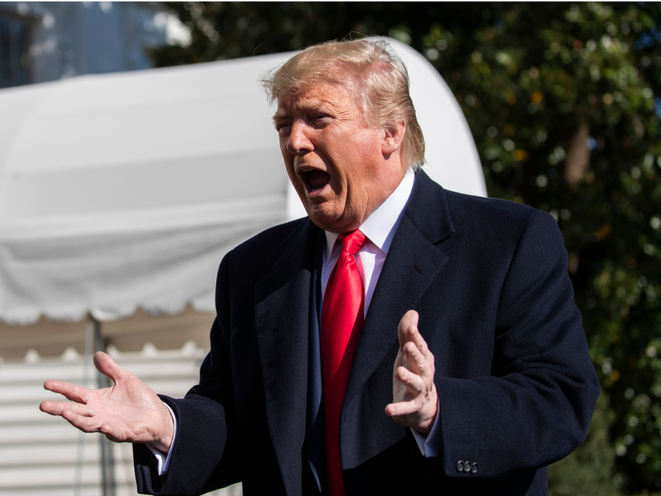 President Donald Trump speaks to reporters upon arrival at the White House in Washington, Sunday, Nov. 3, 2019. (AP Photo/Manuel Balce Ceneta)