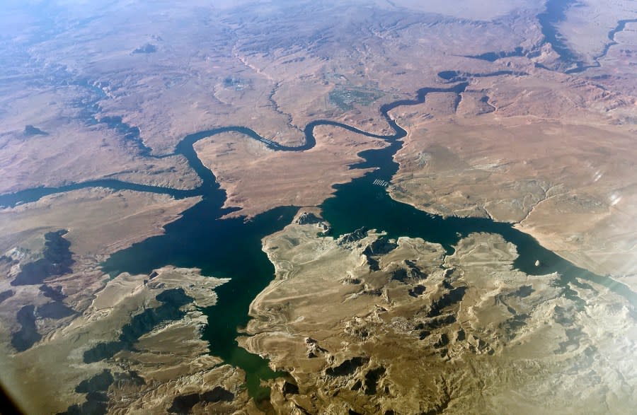 An aerial view of Lake Powell on the Colorado River is seen along the Arizona-Utah border on Sept. 11, 2019. (AP Photo/John Antczak, FIle )