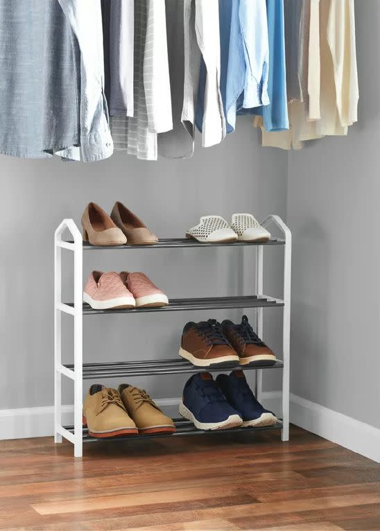 <p><a href="https://go.redirectingat.com?id=74968X1596630&url=https%3A%2F%2Fwww.walmart.com%2Fip%2FMainstays-4-Tier-Shoe-Rack-White-Plastic-Frame-Gray-Coating-up-to-12-Pairs%2F310583222&sref=https%3A%2F%2Fwww.housebeautiful.com%2Flifestyle%2Forganizing-tips%2Fg24566145%2Fshoe-storage-ideas%2F" rel="nofollow noopener" target="_blank" data-ylk="slk:Shop Now;elm:context_link;itc:0;sec:content-canvas" class="link ">Shop Now</a></p><p>4-Tier Shoe Rack</p><p>walmart.com</p><p>$9.96</p><span class="copyright">Walmart</span>