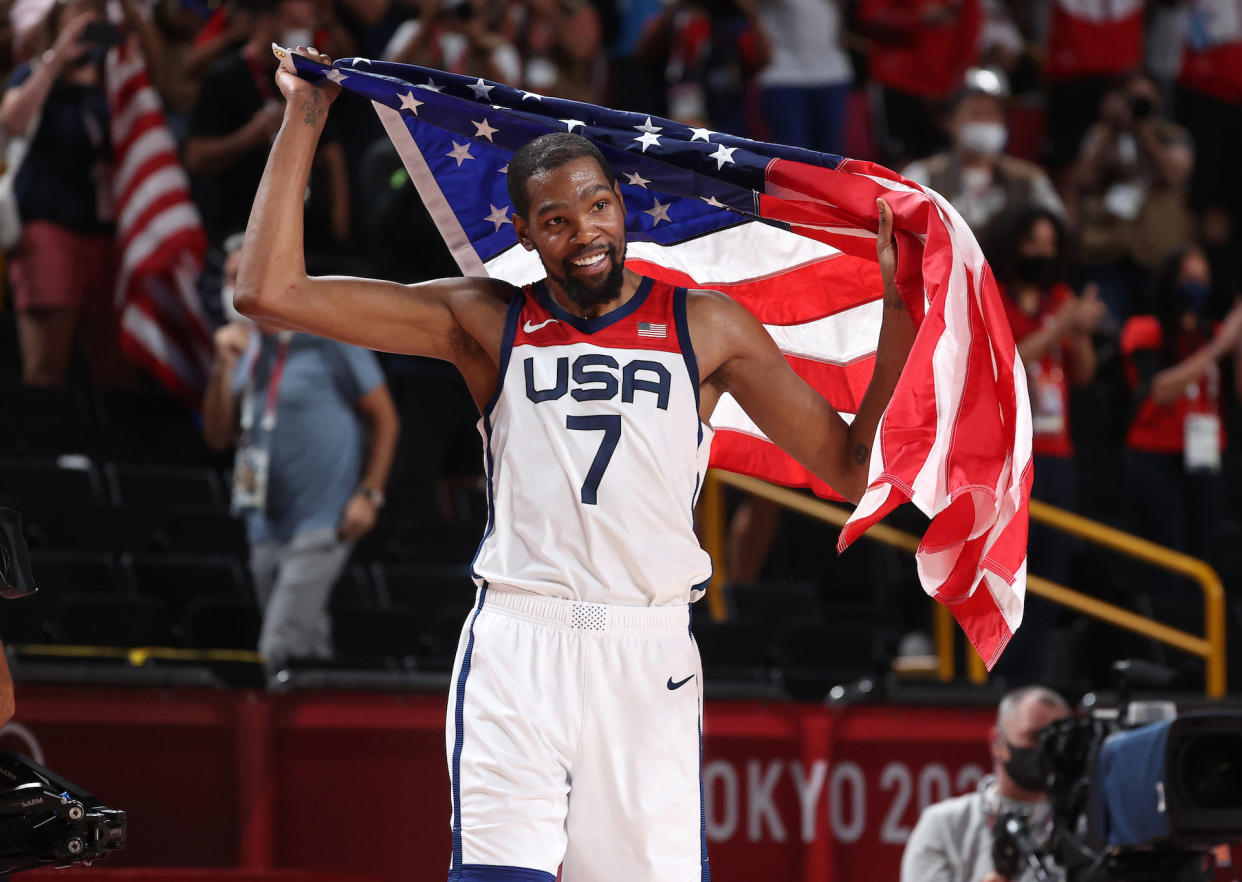 Kevin Durant after Team USA won gold at the 2020 Olympics. (Gregory Shamus/Getty Images)