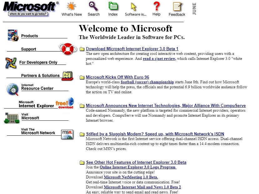 the Microsoft website in 1996