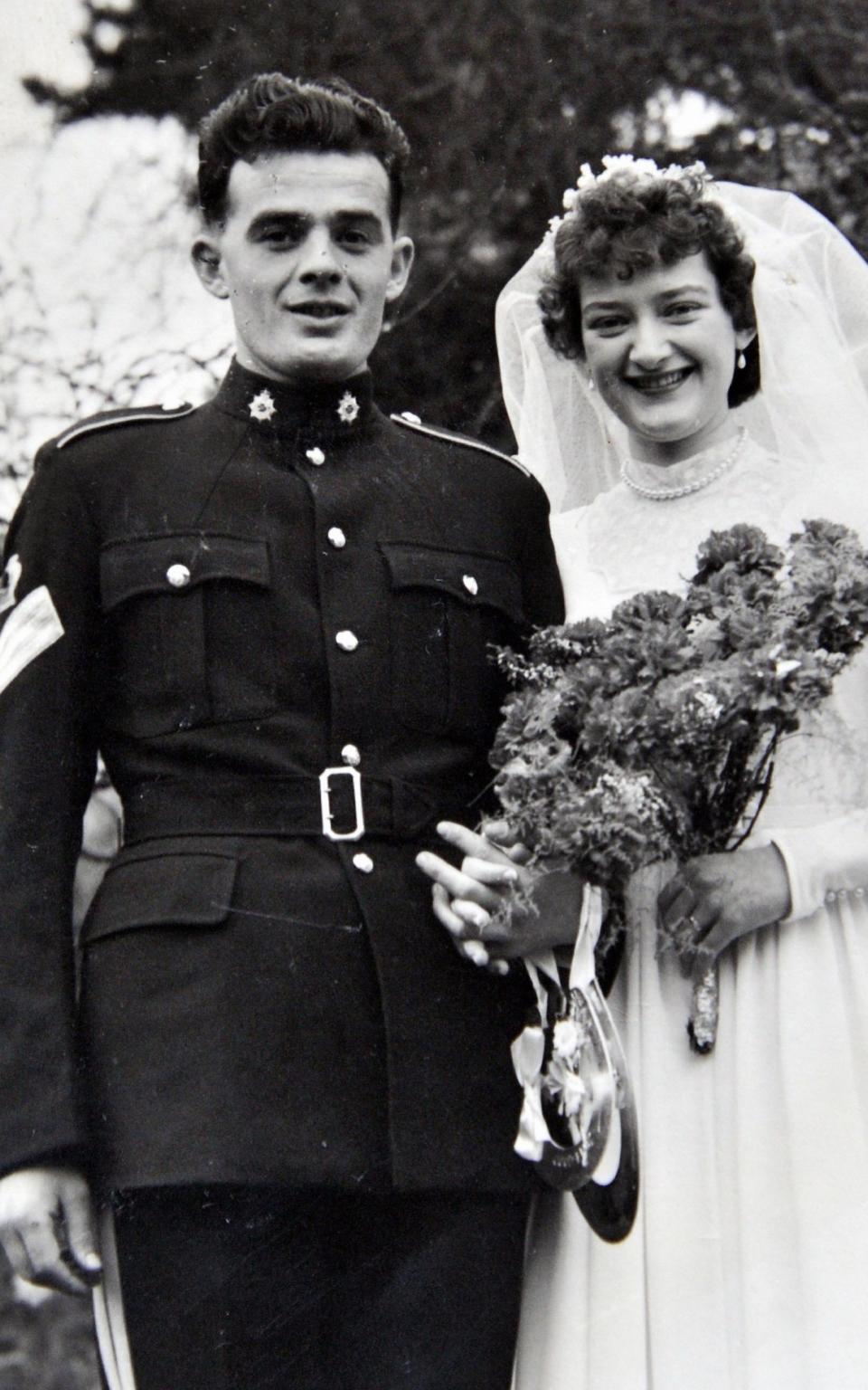 Warrent Officer James Bond of the RASC, later the Ordnance Corps, on his wedding day, with bride Janette. - Paul Levie