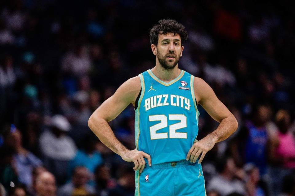 Apr 7, 2024; Charlotte, North Carolina, USA; Charlotte Hornets guard Vasilije Micic (22) during the second quarter against the <a class="link " href="https://sports.yahoo.com/nba/teams/oklahoma-city/" data-i13n="sec:content-canvas;subsec:anchor_text;elm:context_link" data-ylk="slk:Oklahoma City Thunder;sec:content-canvas;subsec:anchor_text;elm:context_link;itc:0">Oklahoma City Thunder</a> at Spectrum Center. Mandatory Credit: Scott Kinser-USA TODAY Sports Scott Kinser/USA TODAY NETWORK