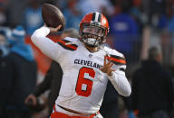 Cleveland Browns quarterback Baker Mayfield warms up before an NFL football game against the Carolina Panthers, Sunday, Dec. 9, 2018, in Cleveland. (AP Photo/Ron Schwane)