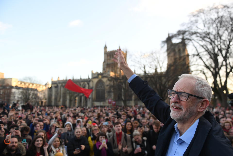 Labour Party leader Jeremy Corbyn waves to supporters after speaking at a rally outside Bristol City Council in Bristol, while on the General Election campaign trail. PA Photo. Picture date: Monday December 9, 2019. Photo credit should read: Joe Giddens/PA Wire