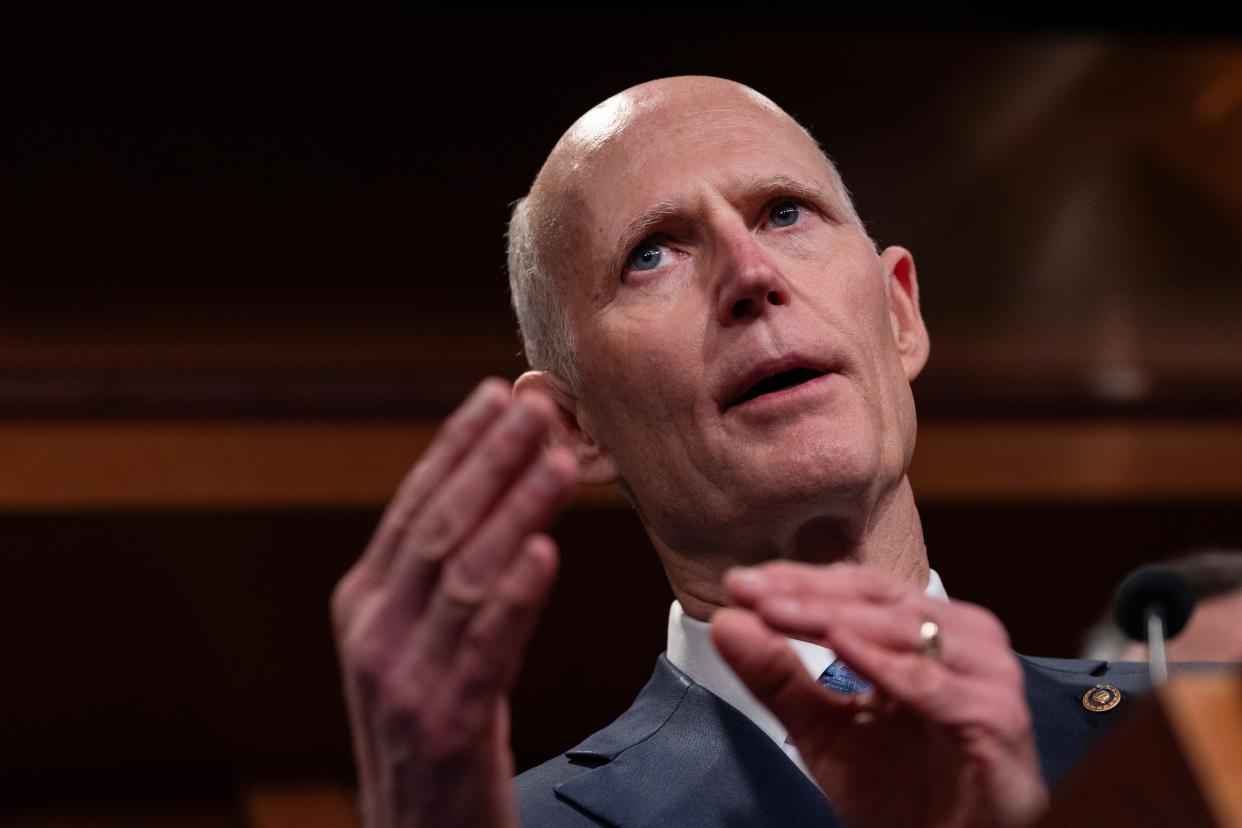 Sen. Rick Scott, R-Fla., speaks during a news conference with Republican Senators about border security issues at the U.S. Capitol January 24, 2024 in Washington, DC.