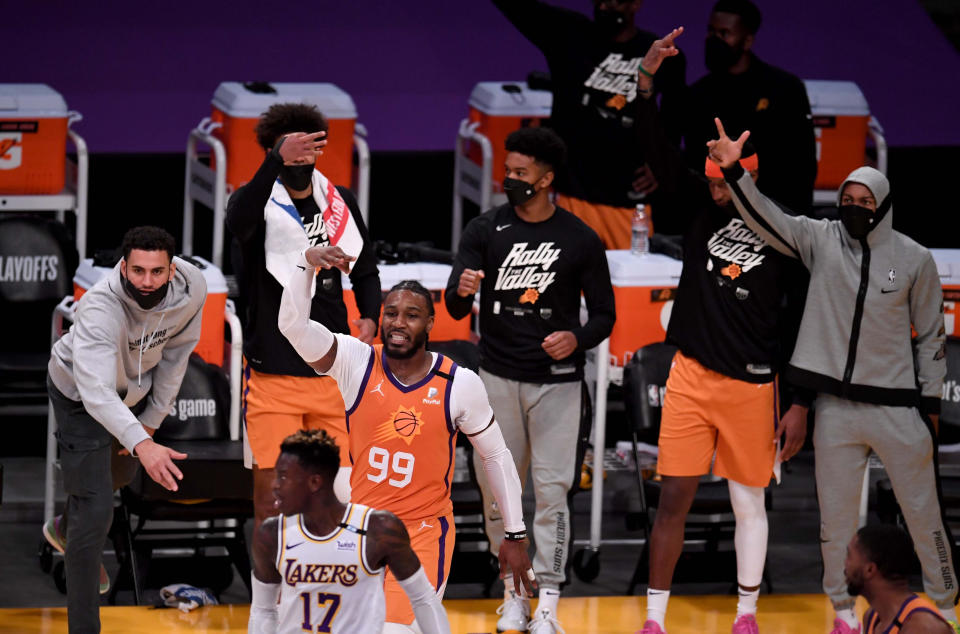 Jae Crowder rects after shooting a 3-pointer against the Lakers.