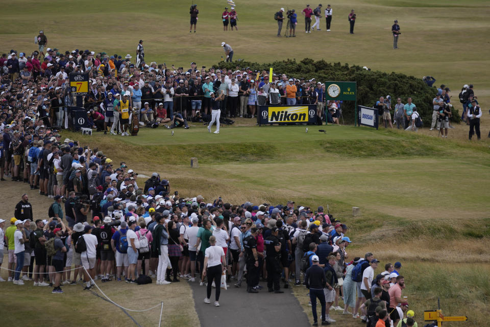 Viktor Hovland, of Norway, plays from the 7th tee during the third round of the British Open golf championship on the Old Course at St. Andrews, Scotland, Saturday July 16, 2022. (AP Photo/Alastair Grant)