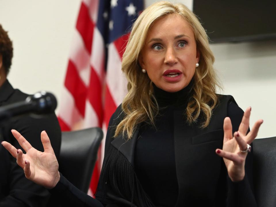 Sen. Lauren Book, a Democrat of Plantation, Florida, gestures as she speaks to the media on February 6, 2023 in the Senate Office Building at the Capitol in Tallahassee.