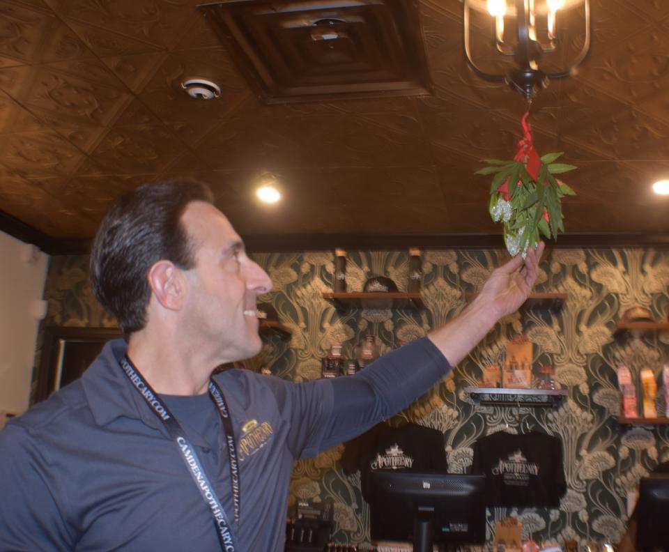 Anthony Minniti displays "mistletoe" made from artificial marijuana leaves at his dispensary, Camden Apothecary.