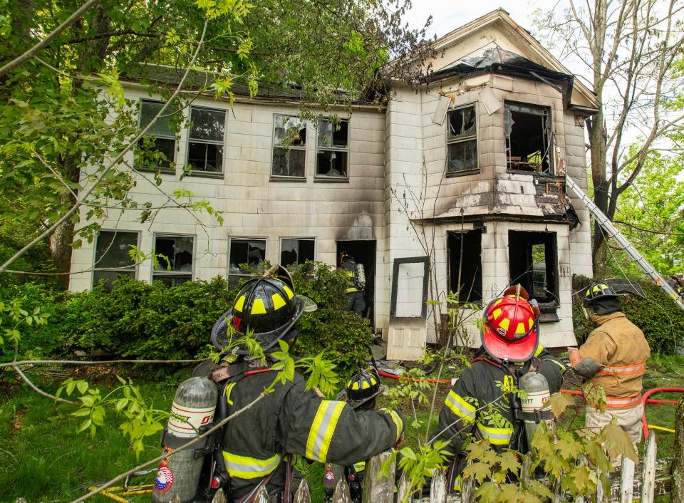 A five-alarm fire tore through a home on Patriots Road in Templeton Friday afternoon. Many area towns responded to assist Templeton.