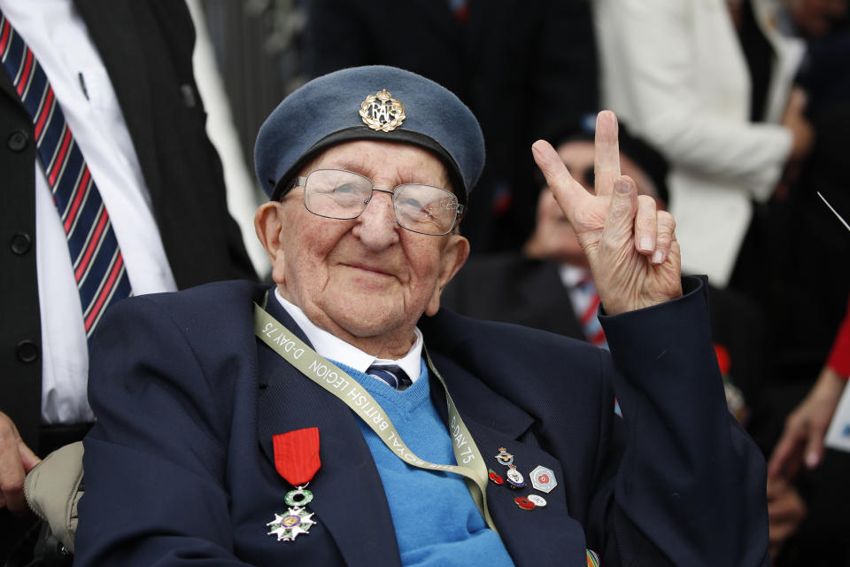 A veteran is shown during an event to mark the 75th anniversary of D-Day in Portsmouth, England Wednesday, June 5, 2019. World leaders are gathering on the south coast of England to mark the 75th anniversary of the D-Day landings. (AP Photo/Alex Brandon)