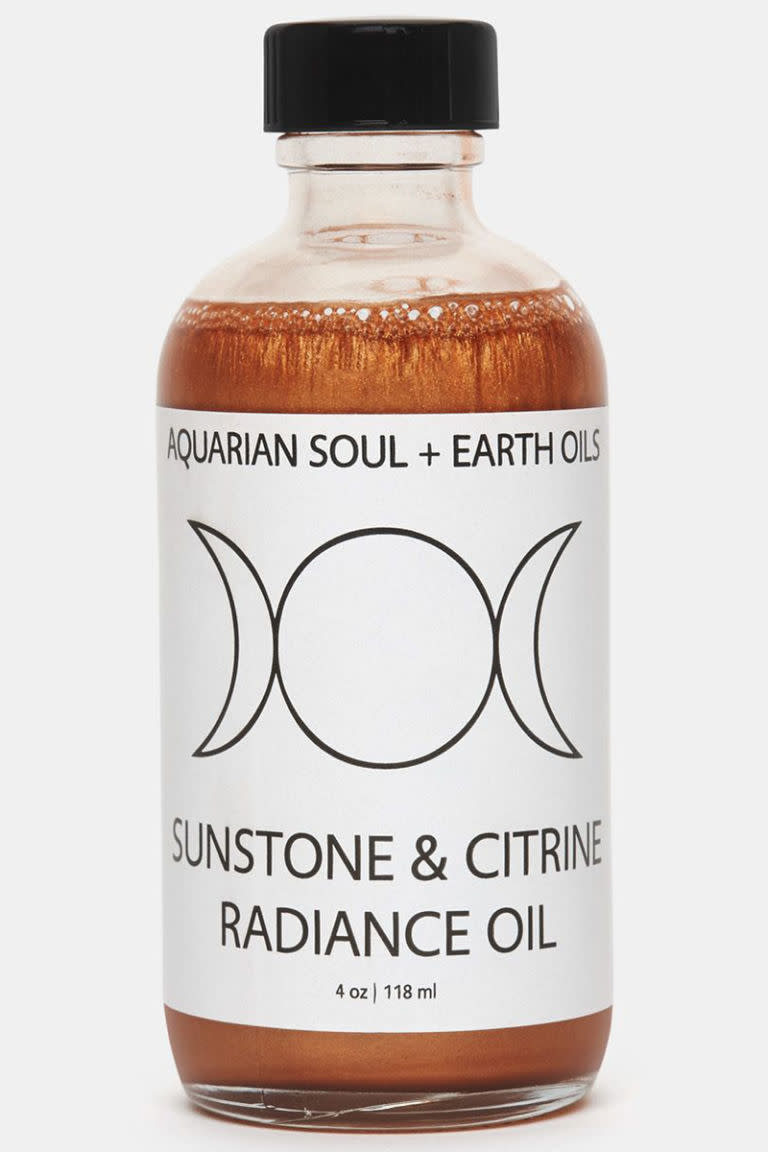 <p>"Shimmering oils are perfect for adding depth to your skin," says Read. "This summer is all about off-the-shoulder dresses and tops, so a touch of shimmer will make your décolletage and shoulders look sun-kissed."</p><p><strong>Aquarian Soul</strong> Sunstone & Citrine Radiance Oil, $40, <a rel="nofollow noopener" href="http://aquariansouldesigns.com/shop/sunstone-citrine-radiance-oil" target="_blank" data-ylk="slk:aquariansouldesigns.com;elm:context_link;itc:0;sec:content-canvas" class="link ">aquariansouldesigns.com</a>.</p>