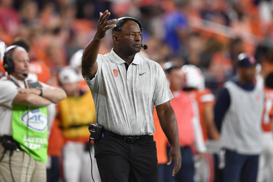 Syracuse head coach Dino Babers gestures during the second half of an NCAA college football game against Western Michigan in Syracuse, N.Y., Saturday, Sept. 9, 2023. (AP Photo/Adrian Kraus)