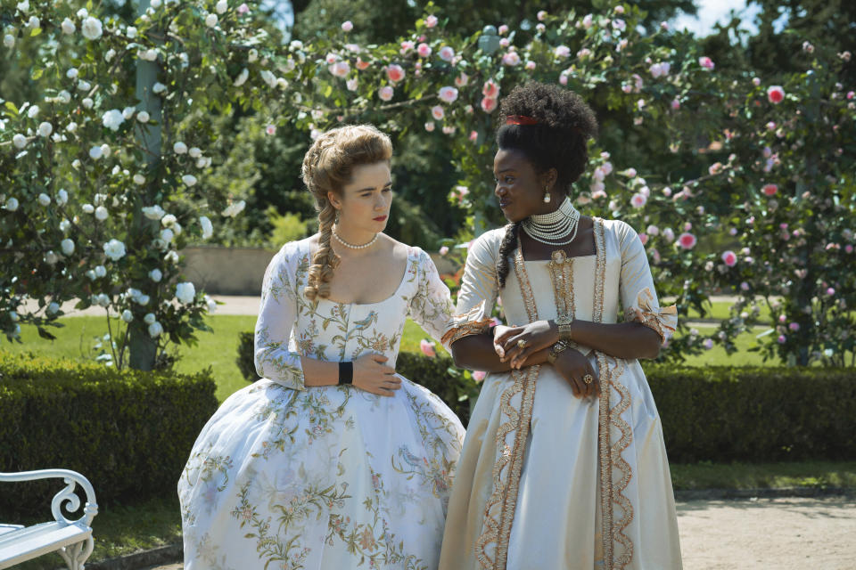 This image released by Starz shows Alice Englert and Colette Dalal Tchantcho in a scene from "Dangerous Liasons." (Dusan Martincek/Starz via AP)