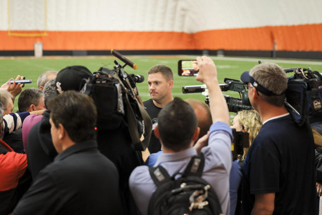 Cincinnati Bengals head coach Zac Taylor talks with members of the media after the NFL football team's rookie minicamp in Cincinnati, Friday, May 12, 2023. (AP Photo/Aaron Doster)