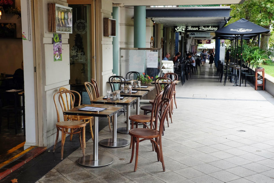 Empty tables are seen at a cafe during lunch time in the suburbs of Crows Nest in Sydney, Australia, on Wednesday, March 4, 2020. Australia has been hard-hit by coronavirus. (Photographer: Brendon Thorne/Bloomberg)