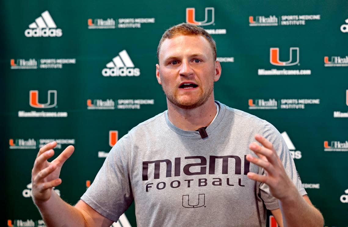 Miami Hurricanes quarterback Tyler Van Dyke (9) speaks with reporters after practice at the Carol Soffer Indoor Practice Facility at the University of Miami in Coral Gables on Wednesday, August 9, 2023.