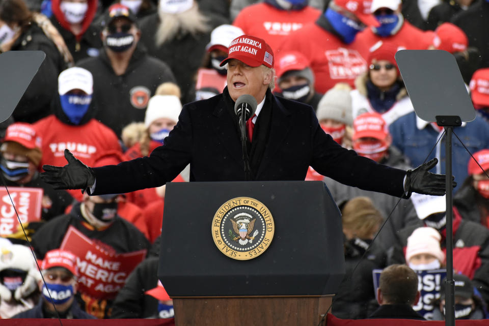 President Donald Trump speaks during a campaign rally at Michigan Sports Stars Park, Sunday, Nov. 1, 2020, in Washington, Mich. (AP Photo/Jose Juarez)