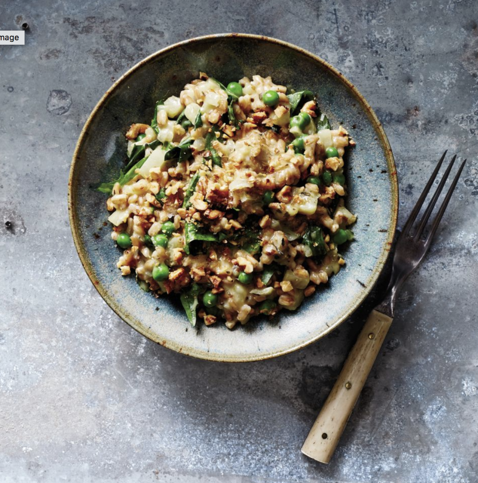 13) Vegan Farro Risotto with Fennel, Peas, and Greens