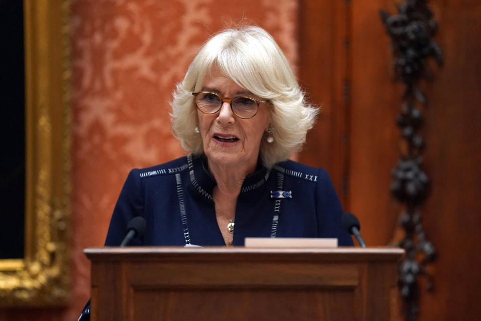 Britain's Queen Consort Camilla delivers a speech during a reception for winners of the Queen's Commonwealth Essay Competition at Buckingham Palace in London on November 17, 2022. (Photo by Kirsty O'Connor / POOL / AFP) (Photo by KIRSTY O'CONNOR/POOL/AFP via Getty Images)