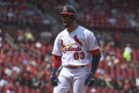 St. Louis Cardinals' Edmundo Sosa reacts after hitting an RBI-single during the sixth inning of a baseball game against the Minnesota Twins on Sunday, Aug. 1, 2021, in St. Louis. (AP Photo/Joe Puetz)