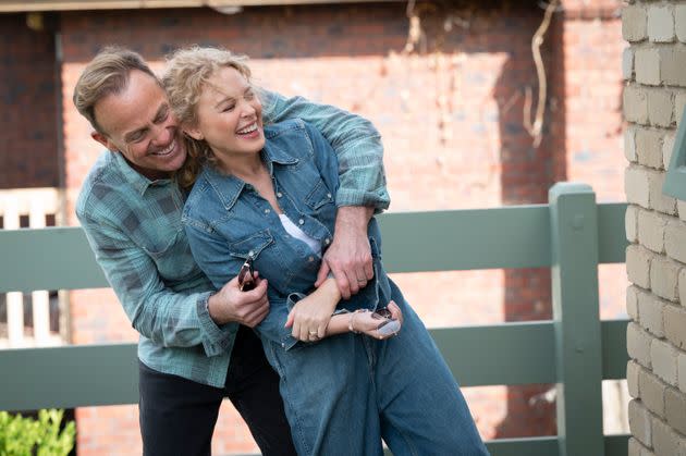 Jason Donovan and Kylie Minogue returned to Ramsay Street for Neighbours' final episode. (Photo: Fremantle/Channel 5)