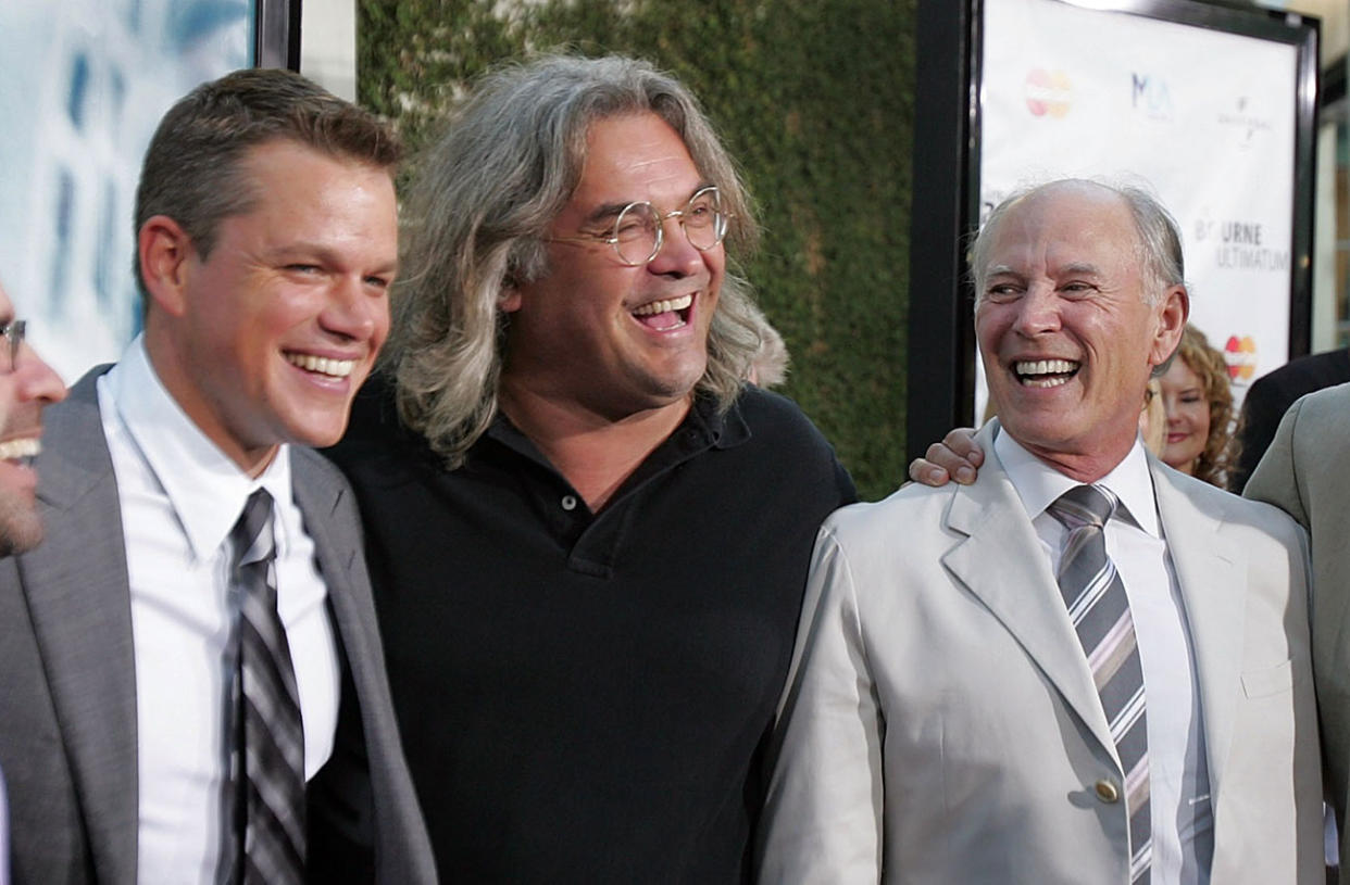 L-R: Matt Damon, Paul Greengrass, and frank Marshall at the 'Bourne Ultimatum' premiere in 2007 - Credit: Frazer Harrison, Getty Images