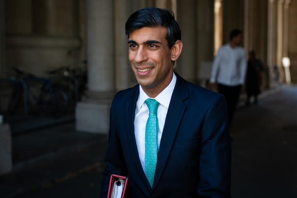 Chancellor of the Exchequer Rishi Sunak walks through from the foreign office to Downing Street after the introduction of measures to bring the country out of lockdown. (Photo by Aaron Chown/PA Images via Getty Images)