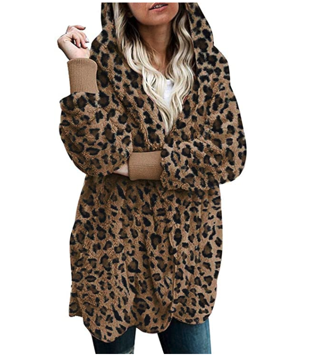 Zilcremo Women's Fuzzy Cardigan in leopard print. Image via Amazon.