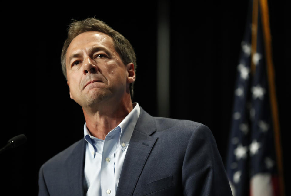 In this June 9, 2019 photo, Democratic presidential candidate Steve Bullock speaks during the Iowa Democratic Party's Hall of Fame Celebration in Cedar Rapids, Iowa. Jane Fonda is joining a group of Hollywood power players to host a fundraiser for Democratic presidential contender Steve Bullock. (AP Photo/Charlie Neibergall)