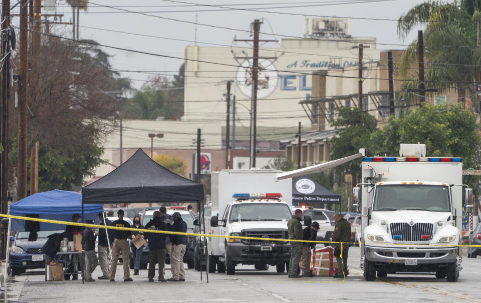 A command post is seen outside the First Works Baptist Church after an explosion in El Monte, Calif., Saturday, Jan. 23, 2021. The FBI and local police are investigating an explosion early Saturday at the Los Angeles-area church that had been the target of protests for its anti-LGTBQ message. (AP Photo/Damian Dovarganes)
