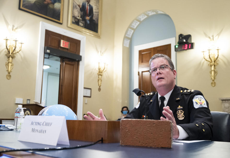 Acting U.S. Park Police Chief Gregory T. Monahan, testifies before a House Natural Resources Committee hearing on actions taken on June 1, 2020 at Lafayette Square, Tuesday, July 28, 2020 on Capitol Hill in Washington. (Bill Clark/Pool via AP)