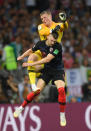 <p>Jordan Pickford of England collides with Ante Rebic of Croatia during the 2018 FIFA World Cup Russia Semi Final match between England and Croatia at Luzhniki Stadium on July 11, 2018 in Moscow, Russia. (Photo by Shaun Botterill/Getty Images) </p>