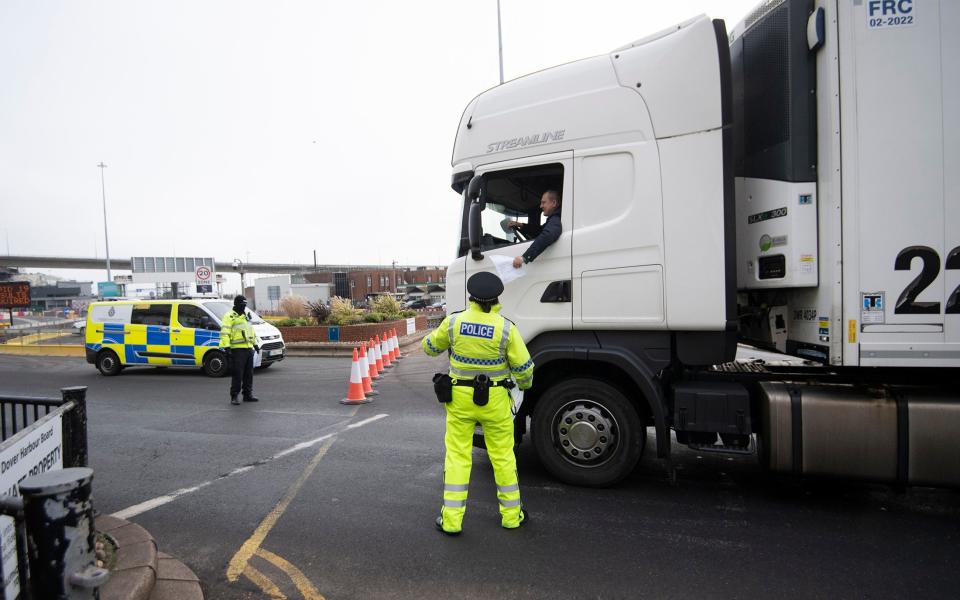 A lorry being checked at the Port of Dover, January 1, 2021