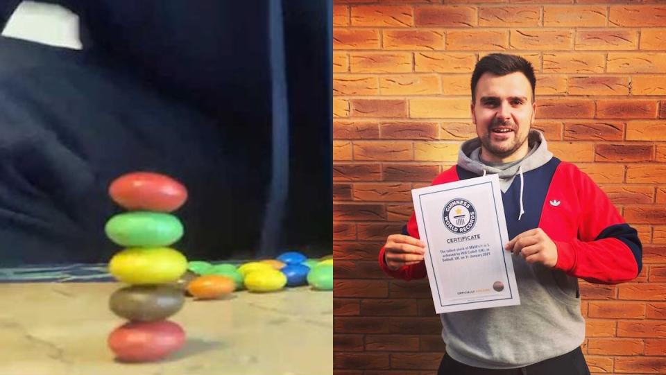 Side-by-side photos, one with 5 M&Ms stacked on top of each other, and a man holding a photo in front of a brick wall