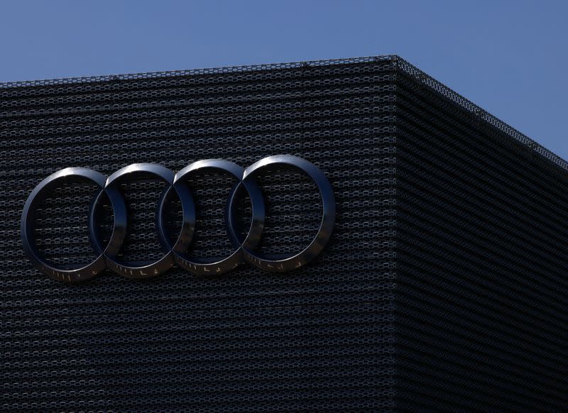 The logo of Audi is seen outside an Audi car dealer in Brussels