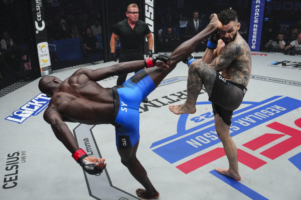 Sadibou Sy connected on an insane wheel kick at PFL 6. (Photo by Cooper Neill/Getty Images)