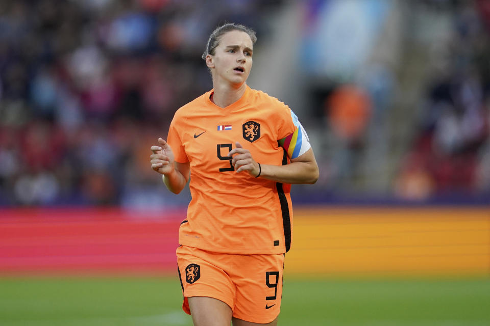 FILE - Netherlands' Vivianne Miedema runs during the Women Euro 2022 quarterfinals soccer match between France and the Netherlands at the New York Stadium in Rotherham, England, Saturday, July 23, 2022. (AP Photo/Jon Super, File)