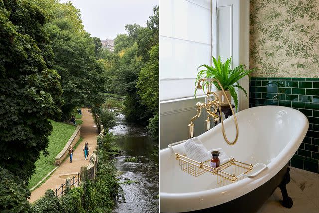 <p>Hayley Benoit</p> From left: The Water of Leith walkway as it passes through Dean Village; a Victorian-style bathroom at Gleneagles Townhouse.