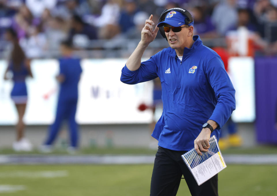 Kansas coach Lance Leipold reacts during the first half of the team's NCAA college football game against TCU on Saturday, Nov. 20, 2021, in Fort Worth, Texas. TCU won 31-28. (AP Photo/Ron Jenkins)