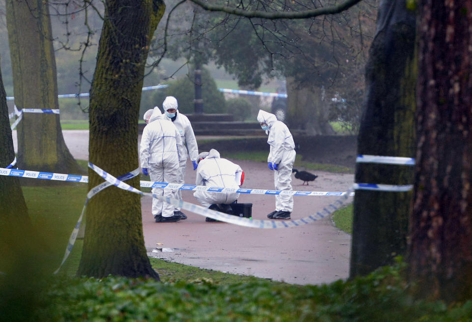 Police at the scene in West Park, Wolverhampton on April 12, after Viktorija Sokolova’s body was found (PA)